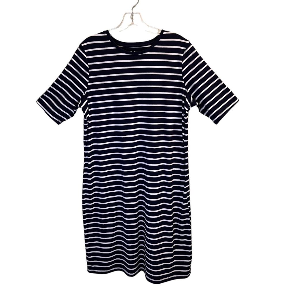 Kim Rogers Navy White Striped T-Shirt Dress Medium Cotton Knit NWT